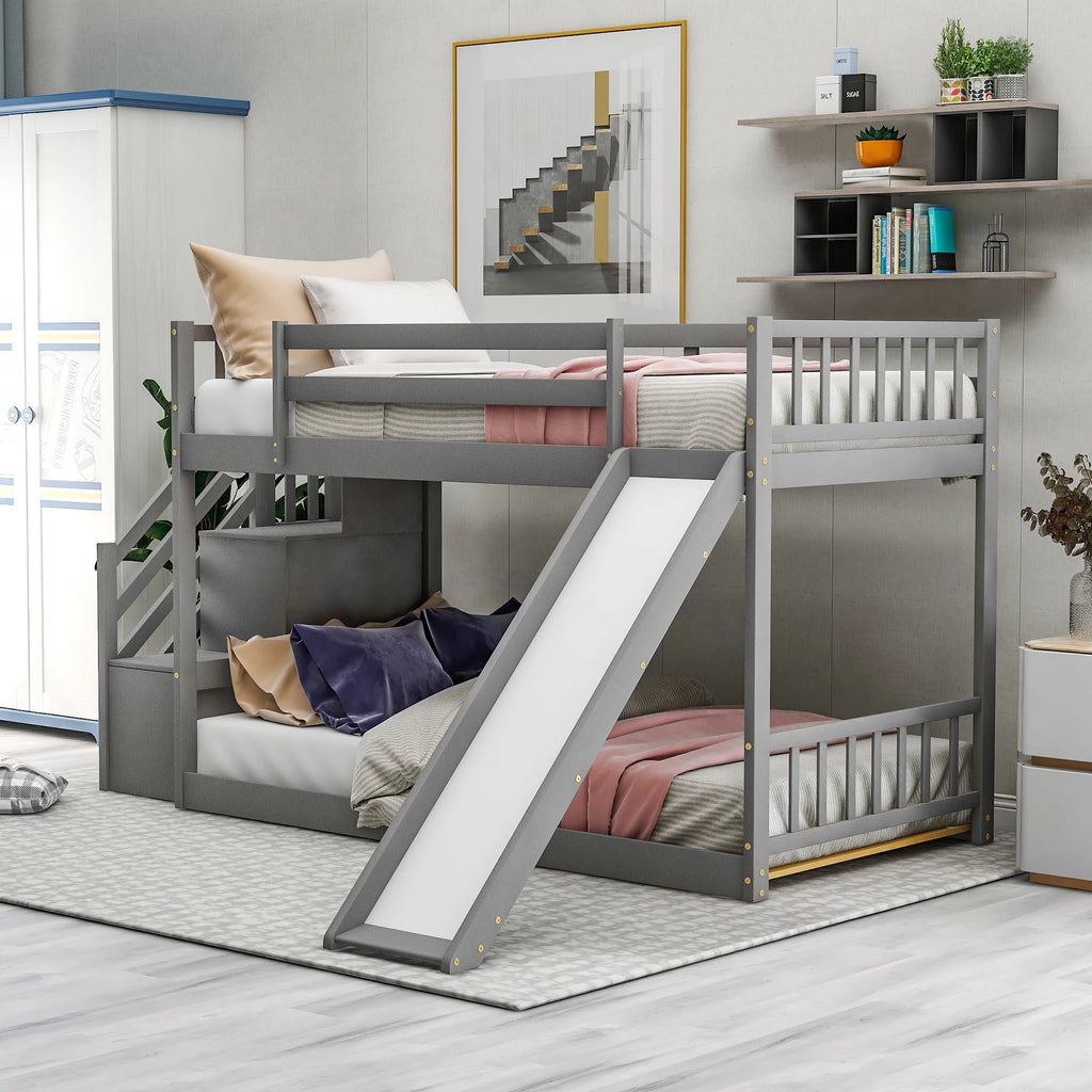 Solid Wood Twin Over Twin Bunk Bed with Slide and Stairway B33015