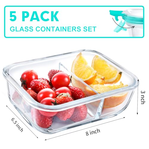 5 Pack Glass Meal Prep Containers 2 Compartment Set, 36OZ Airtight Glass Food Storage Containers with Lids, Grey Q865