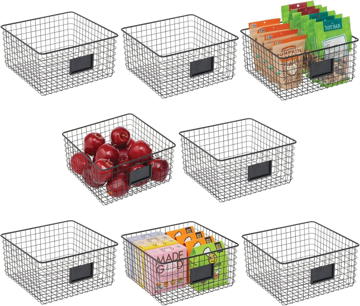 Metal Wire Food Organizer Storage Baskets with Label Slot, 8 Pack, Matte Black J950762