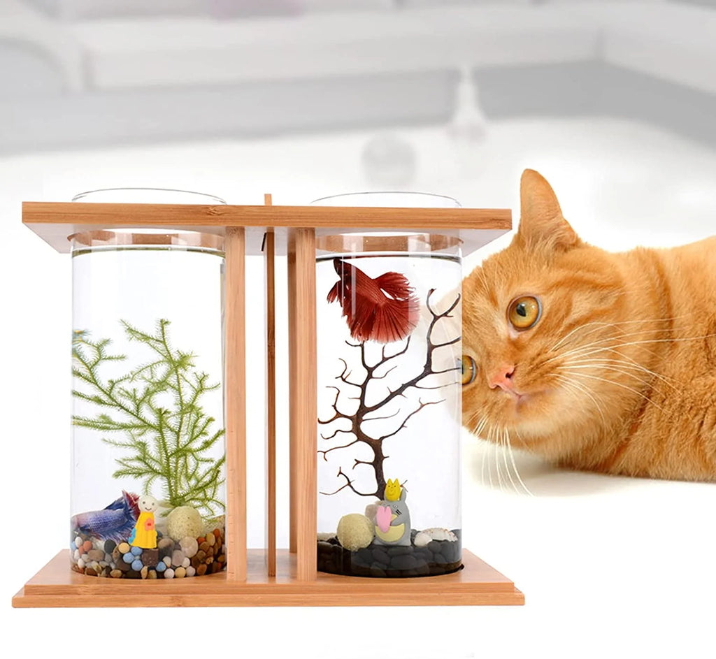 Bamboo Fish Bowl Glass Aquarium Mini Fish Tank K4776