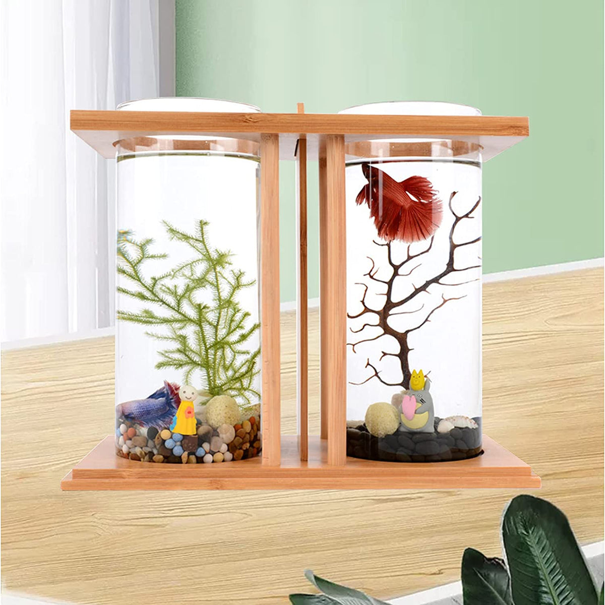 Bamboo Fish Bowl Glass Aquarium Mini Fish Tank K4776