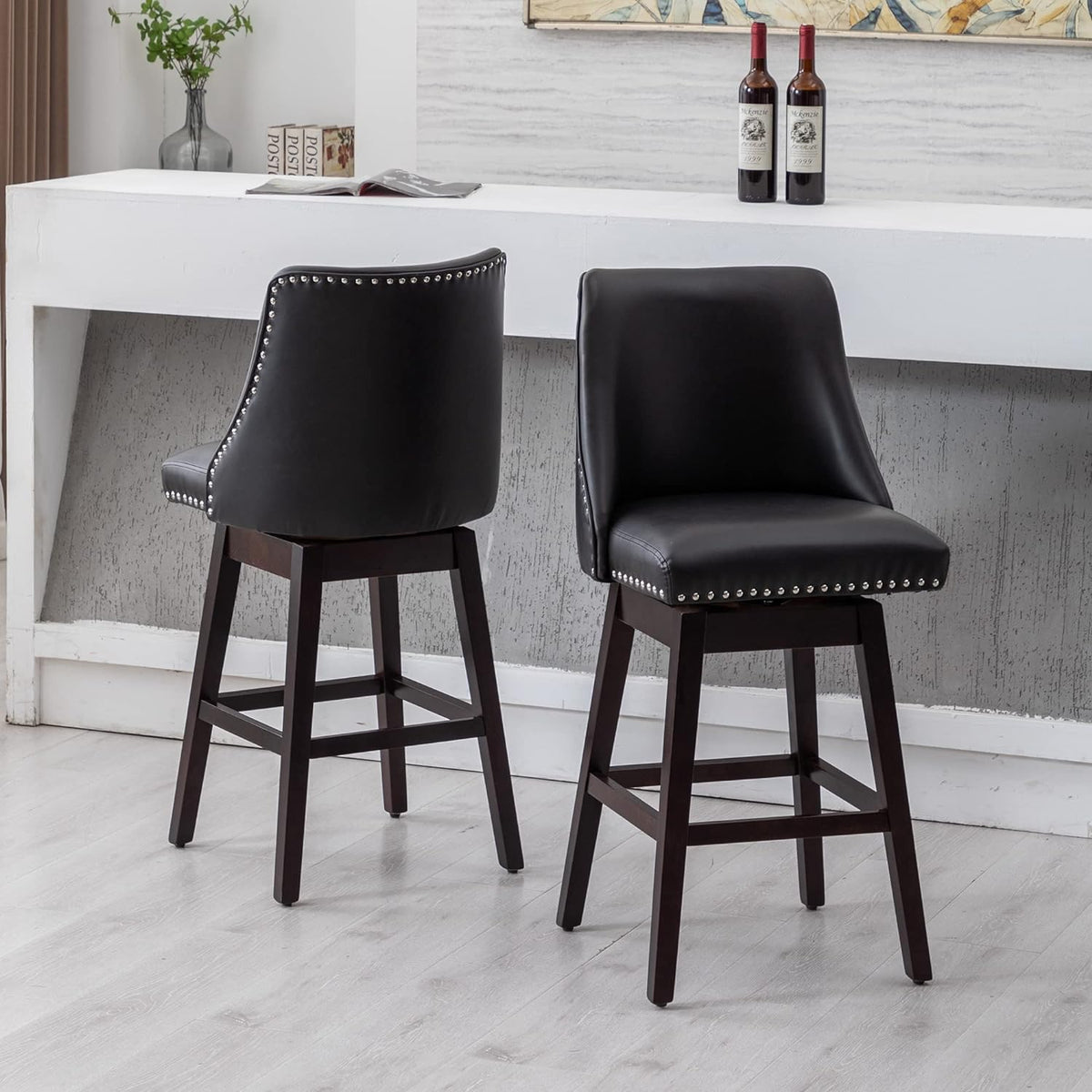 27 inch PU Leather Swivel Barstools with Wood Legs T4968