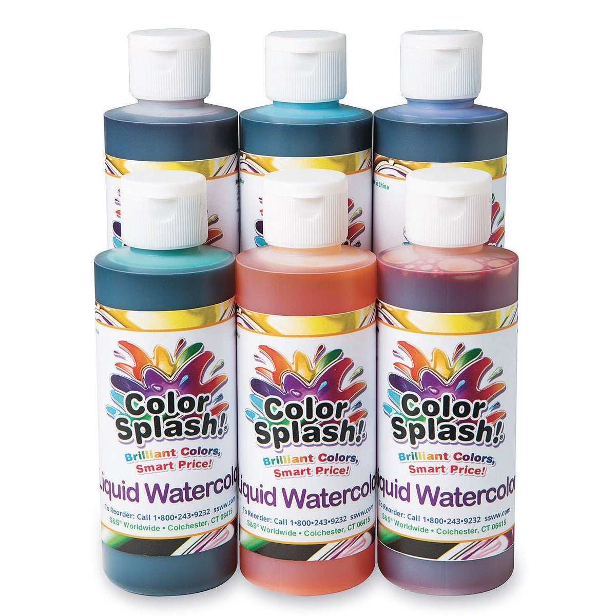 6 Vivid Colors Liquid Watercolor Paint, 8-oz Flip-Top Bottles, Non-Toxic, Pack of 6 R512505
