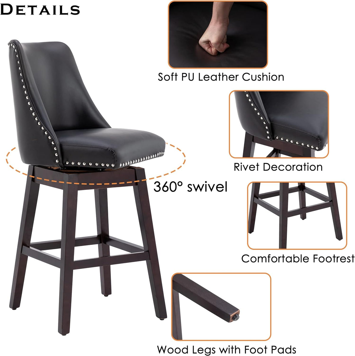 27 inch PU Leather Swivel Barstools with Wood Legs T4968