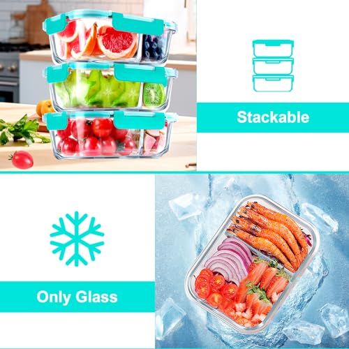 5 Pack Glass Meal Prep Containers 2 Compartment Set, 36OZ Airtight Glass Food Storage Containers with Lids, Grey Q865