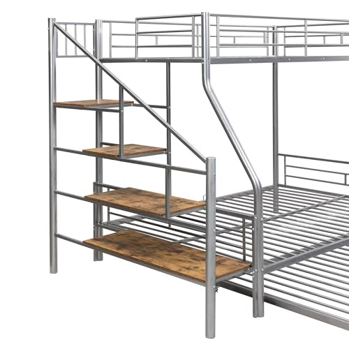 Silver Metal Twin Over Full Bunk Bed with Trundle and Stairs H50519