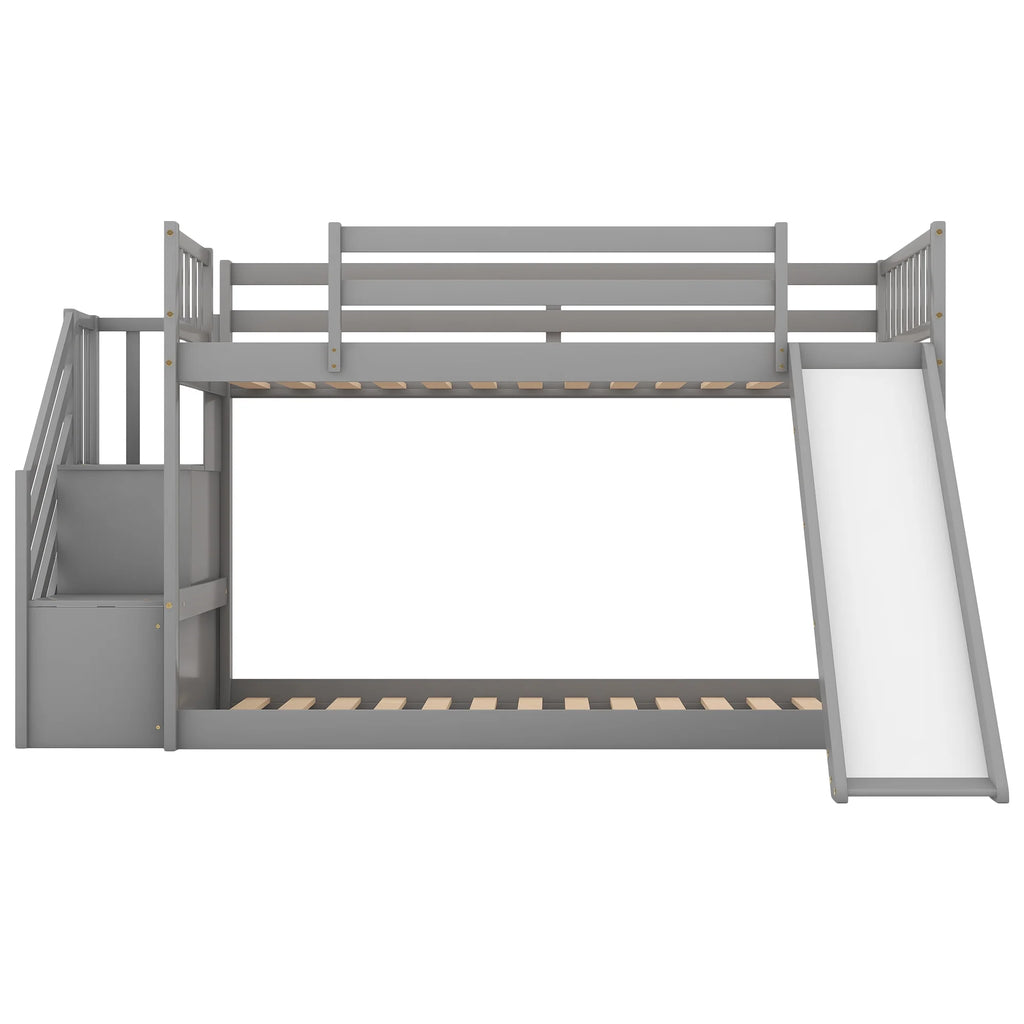 Solid Wood Twin Over Twin Bunk Bed with Slide and Stairway B33015