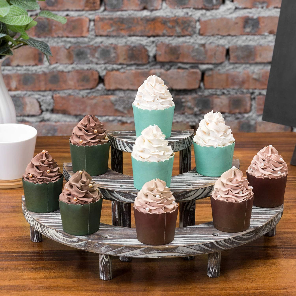 3 Tier Rustic Torched Wood Semicircle Cupcake Stand T8818