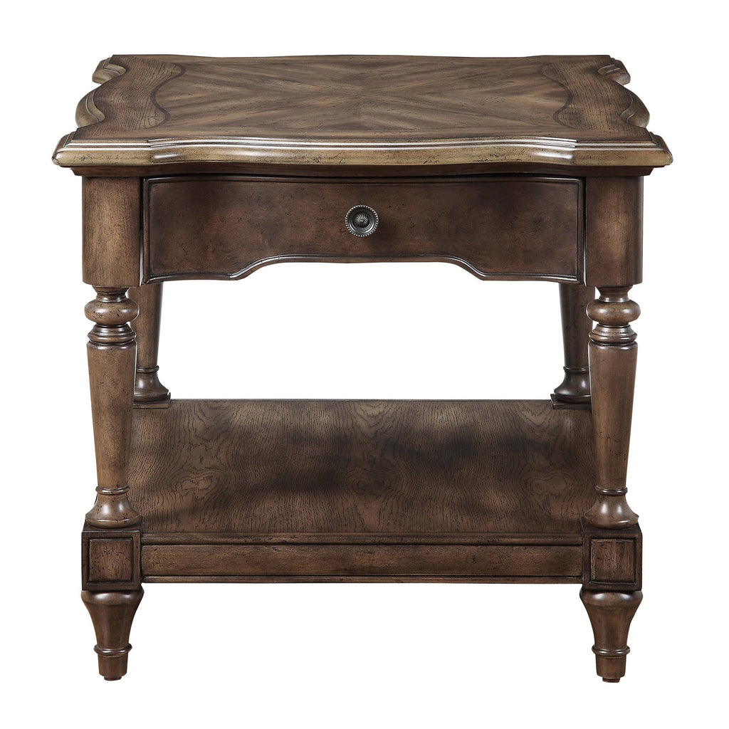 Brown 1 Drawer End Table with Open Bottom Shelf and Turned Feet N54897