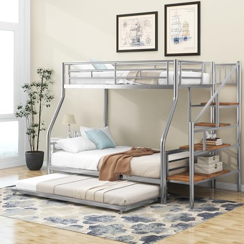 Silver Metal Twin Over Full Bunk Bed with Trundle and Stairs H50519