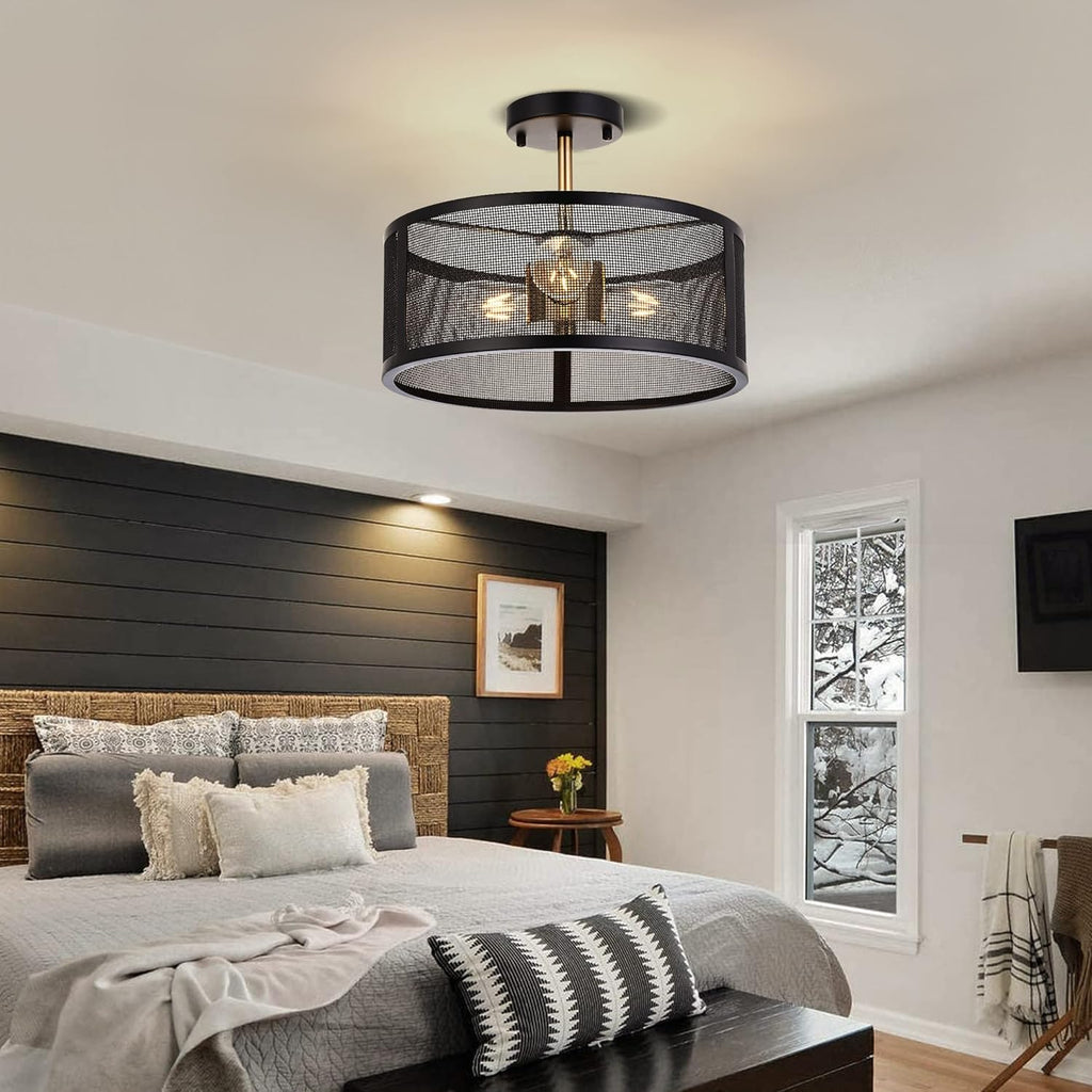 Black Semi Flush Mount Ceiling Light Fixture with 3 Metal Cage D6661