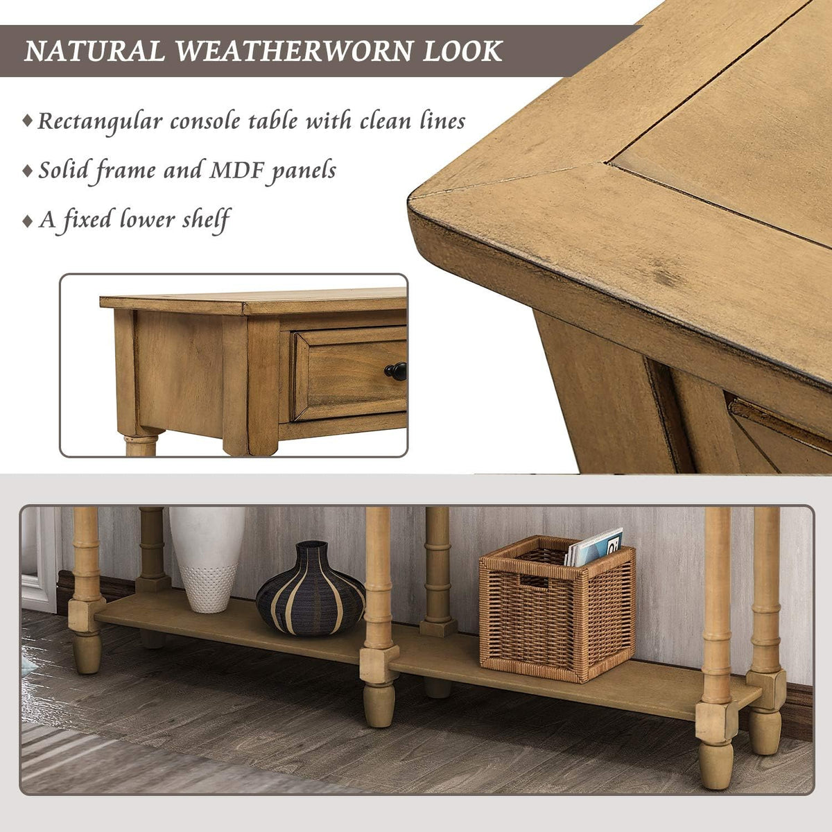 Old Pine Solid Wood Console Sofa with Two Storage Drawers and Bottom Shelf Q662995