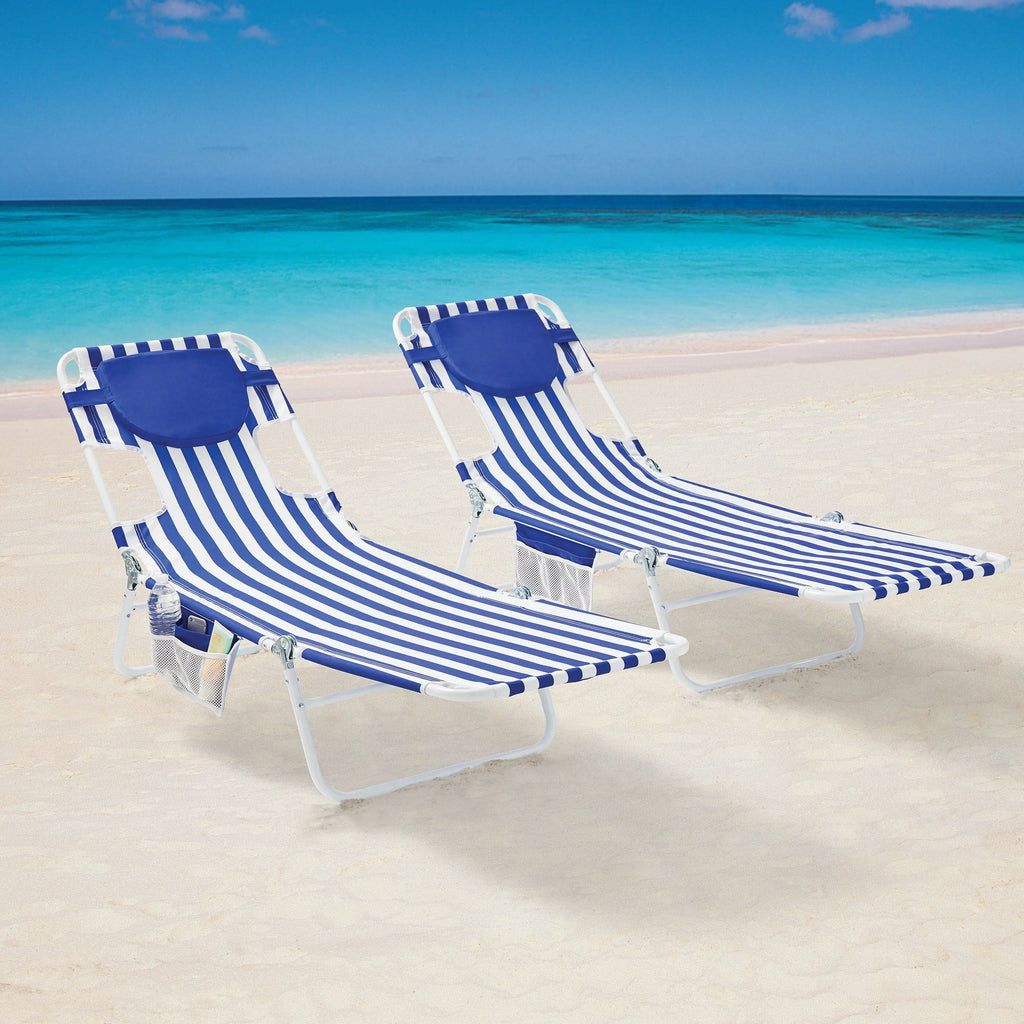 Blue & White Stripe Folding Beach Lounger 2-Pack P113123