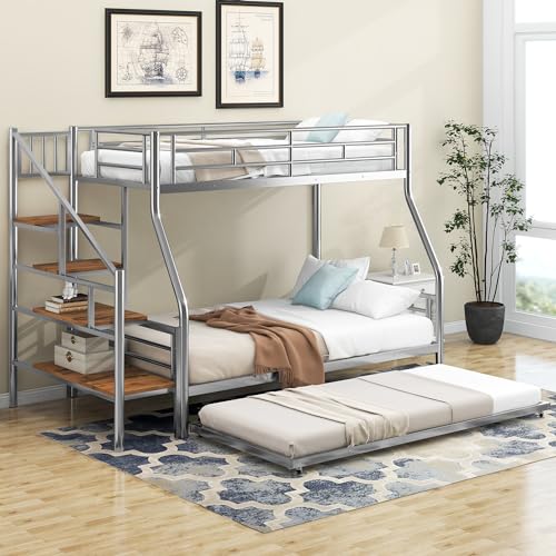 Silver Metal Twin Over Full Bunk Bed with Trundle and Stairs H50519