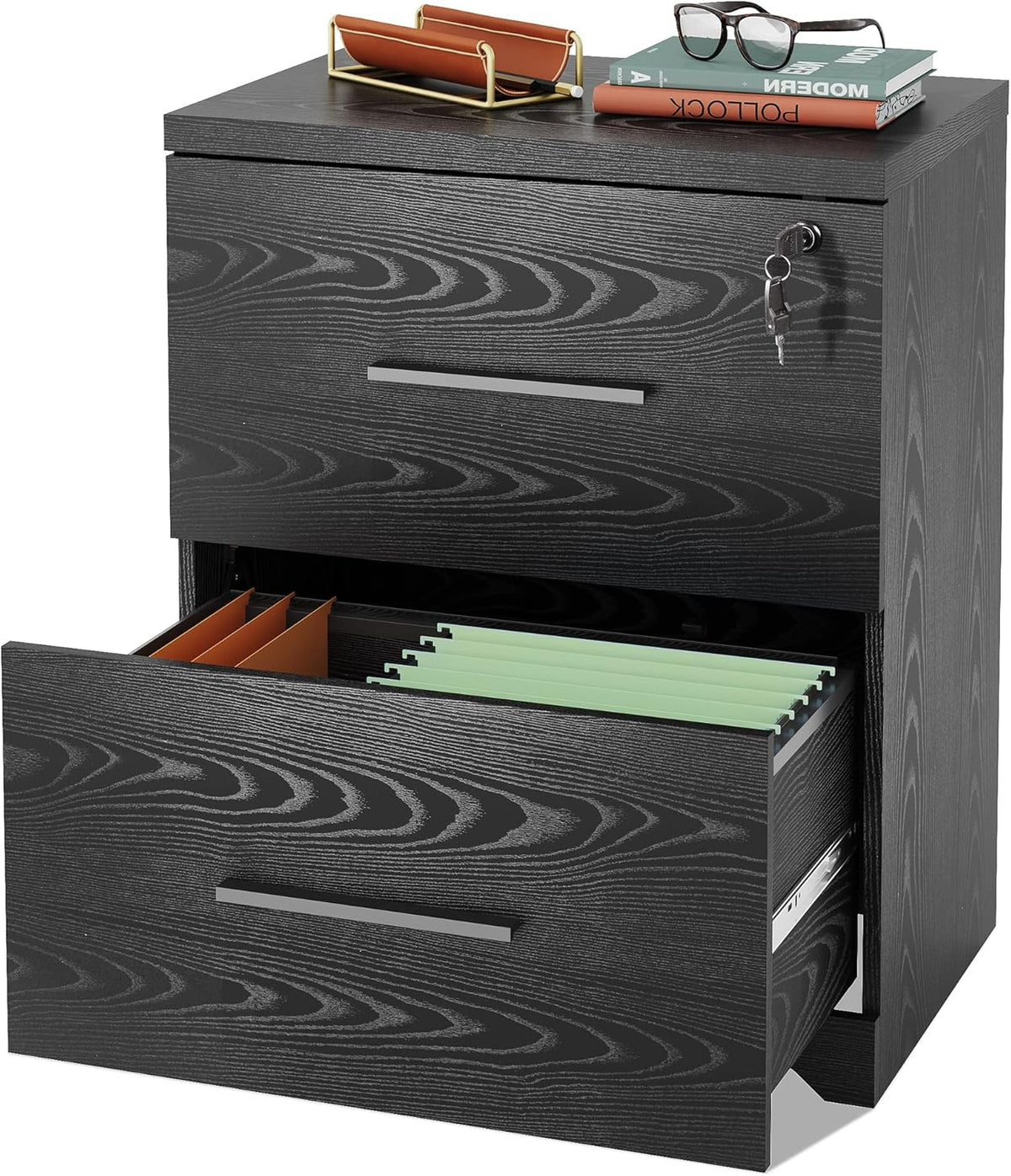 Black 2-Drawer Wood Lateral File Cabinet with Lock K3624