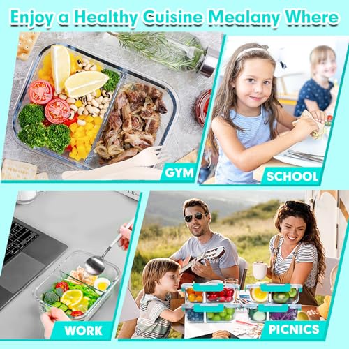 5 Pack Glass Meal Prep Containers 2 Compartment Set, 36OZ Airtight Glass Food Storage Containers with Lids, Grey Q865