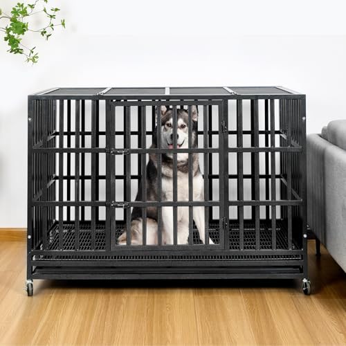 48 Inch Heavy Duty Steel Dog Crate with Wheels and Removable Tray I7837