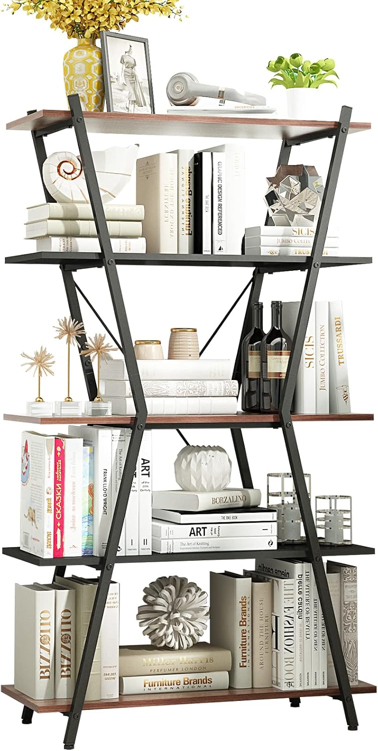 Walnut/Black 5 Tier Rustic Wood Etagere Bookcase with Metal Frame J381277