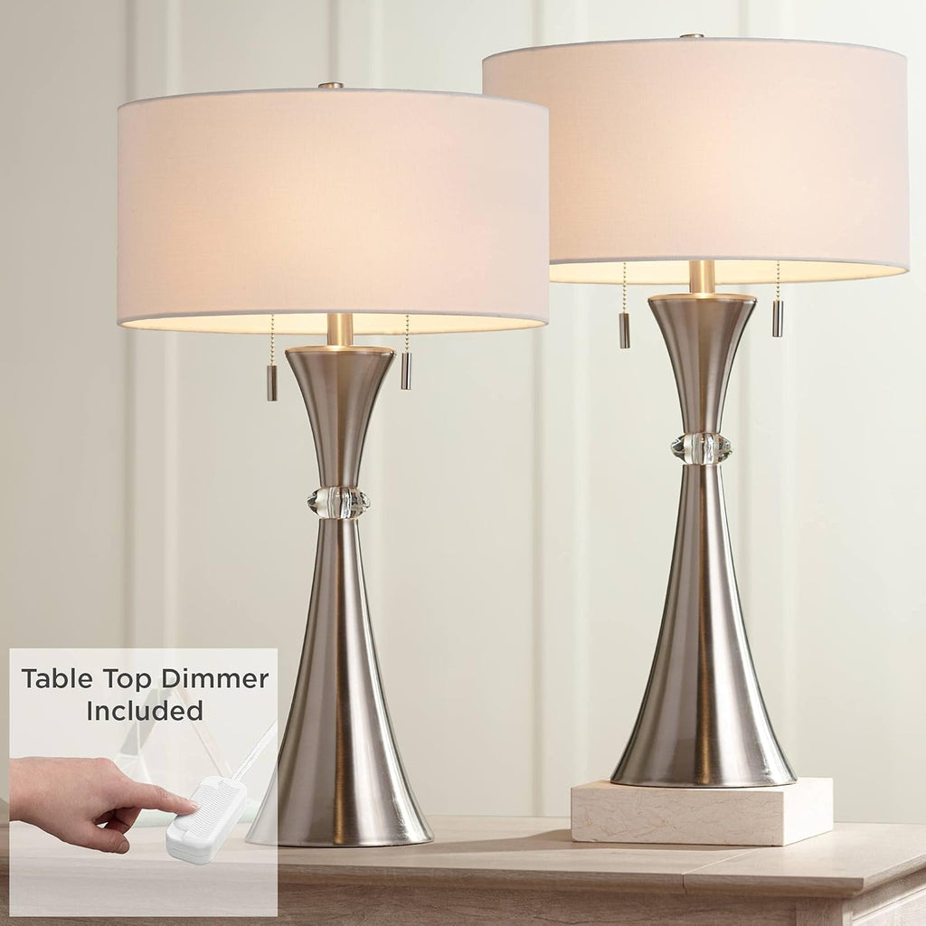 Silver Metal White Fabric Drum Table Lamps Set of 2 G7413