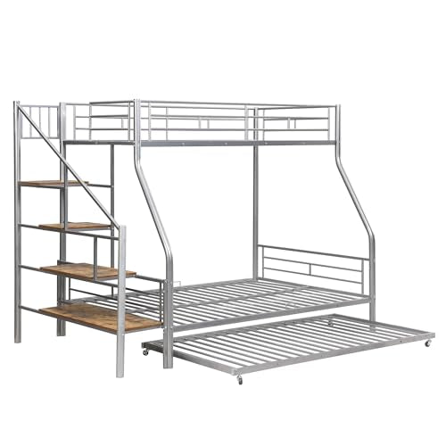 Silver Metal Twin Over Full Bunk Bed with Trundle and Stairs H50519