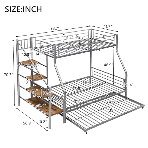Silver Metal Twin Over Full Bunk Bed with Trundle and Stairs H50519