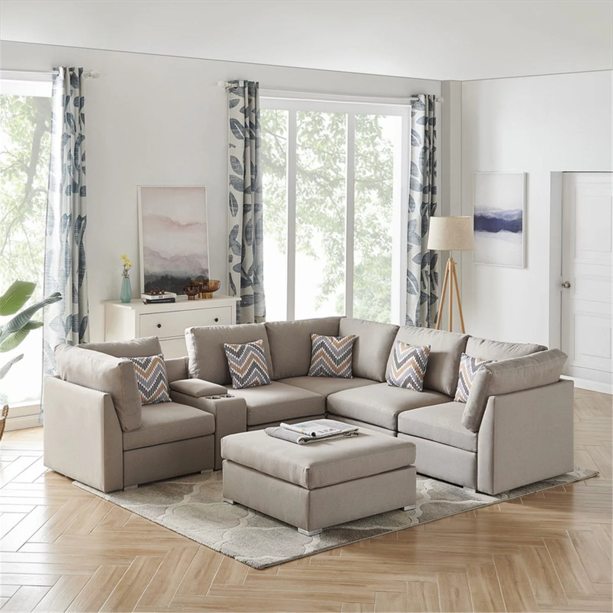 Beige Fabric Reversible Sectional Sofa with Ottoman K43730