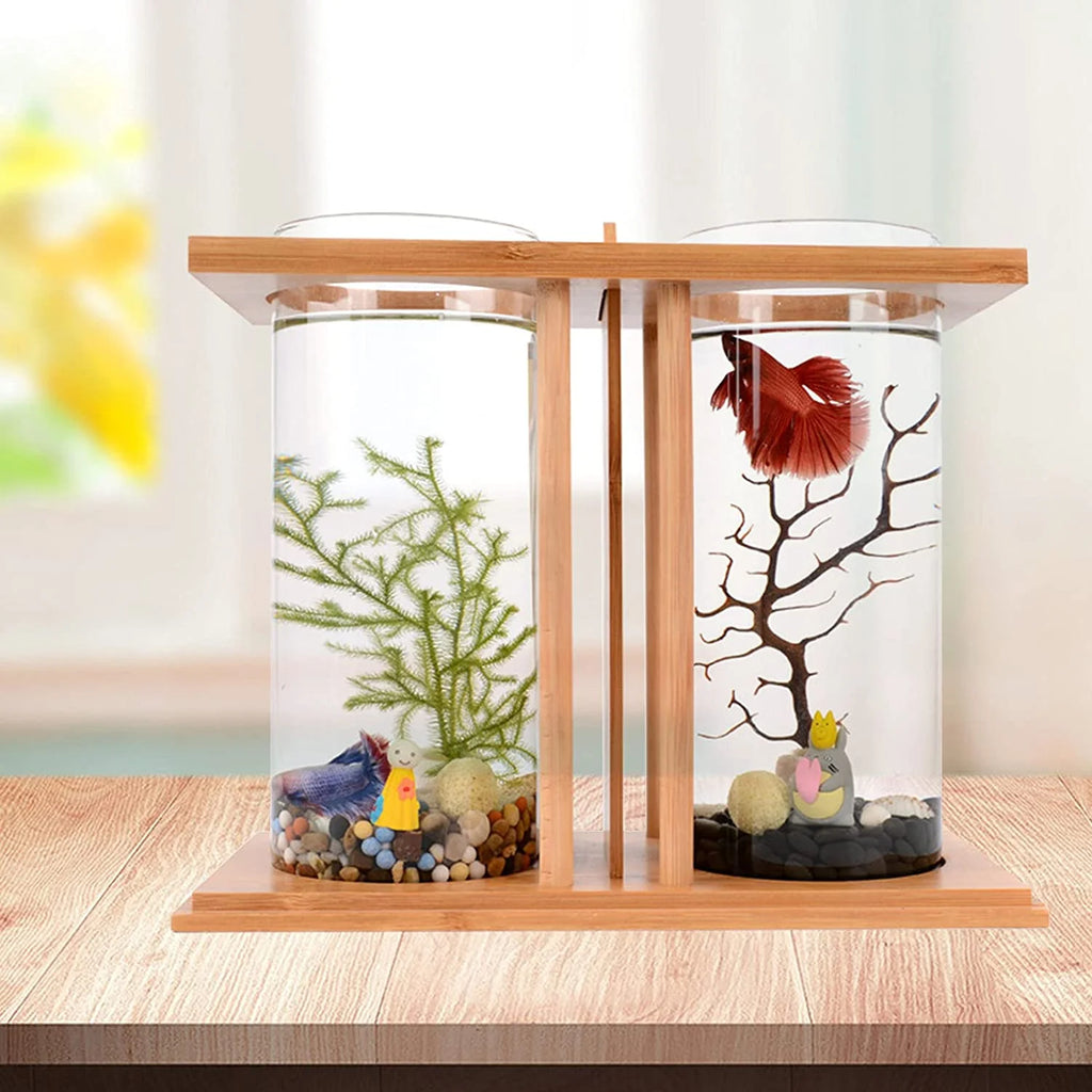 Bamboo Fish Bowl Glass Aquarium Mini Fish Tank K4776