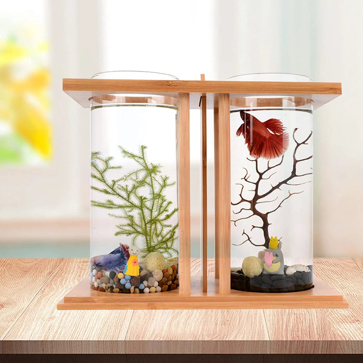 Bamboo Fish Bowl Glass Aquarium Mini Fish Tank K4776