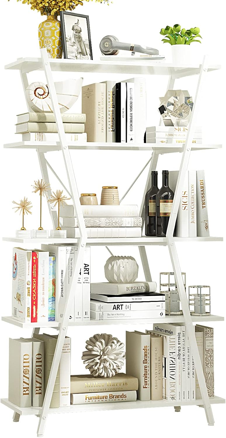 Walnut/Black 5 Tier Rustic Wood Etagere Bookcase with Metal Frame J381277