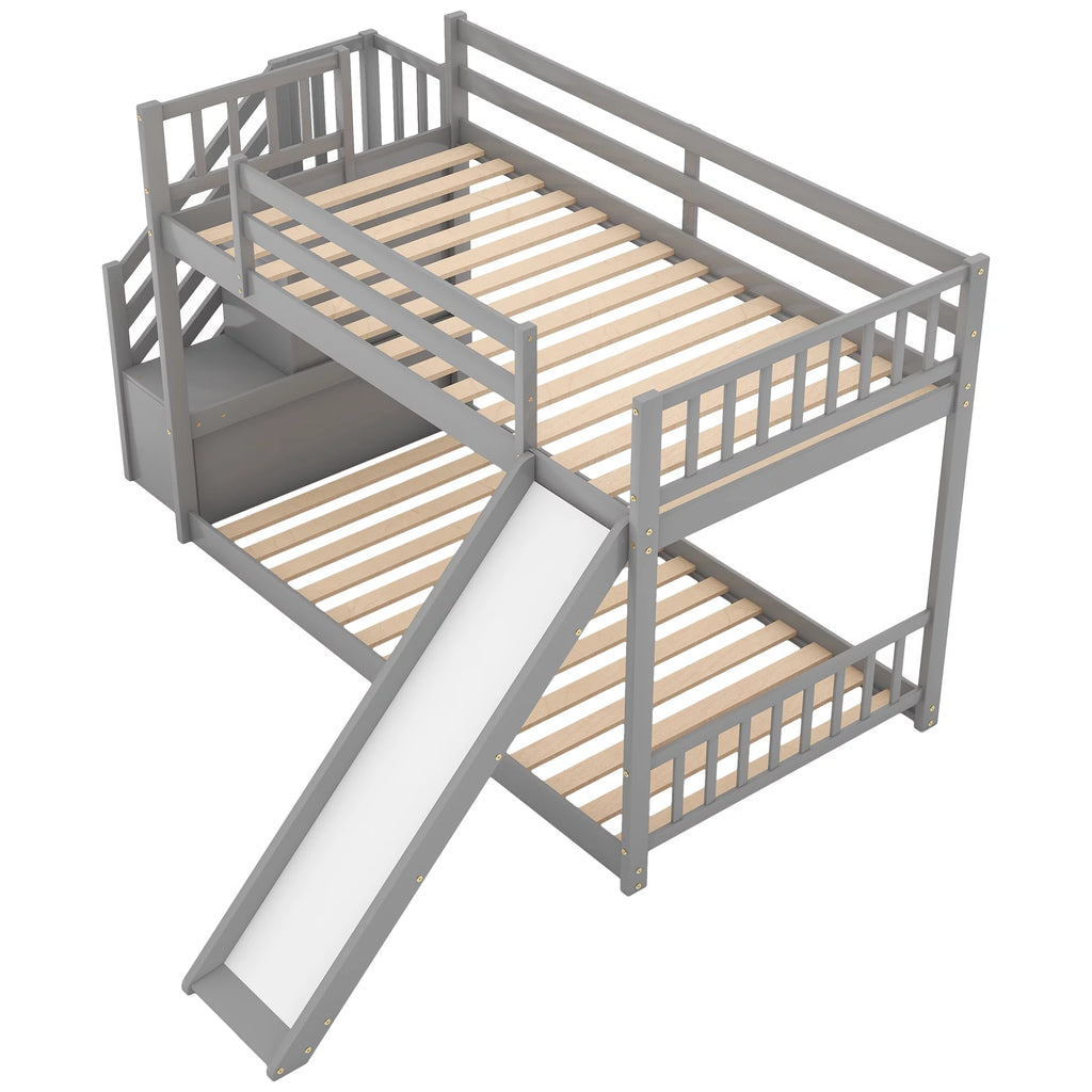Solid Wood Twin Over Twin Bunk Bed with Slide and Stairway B33015