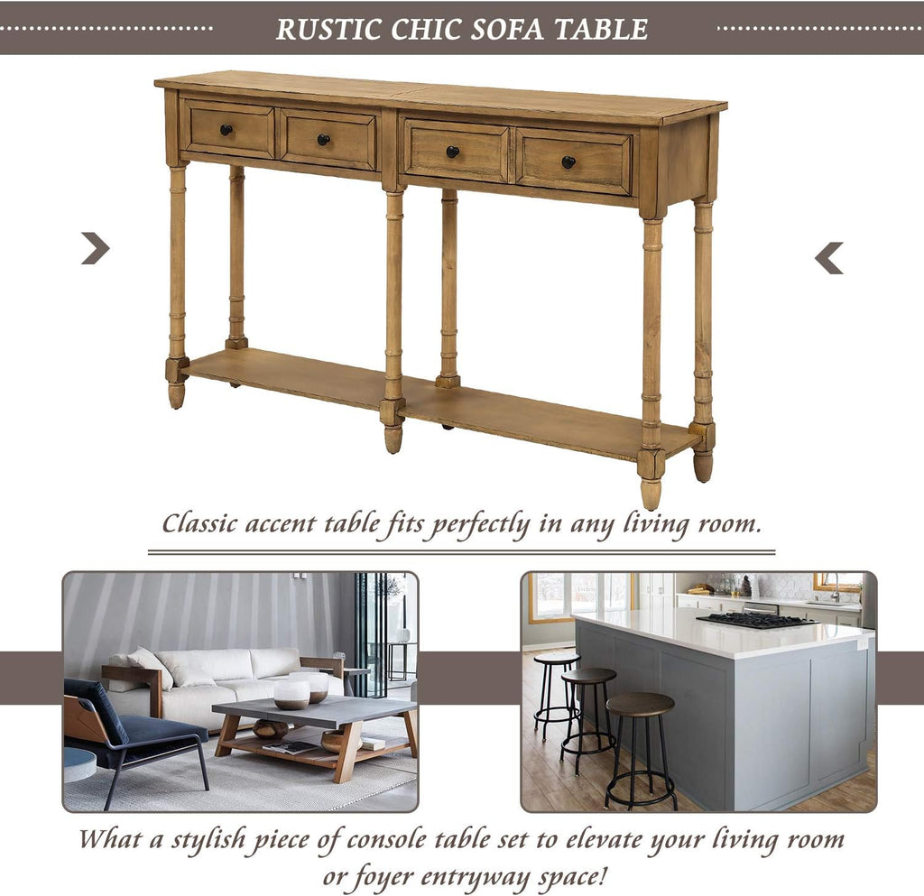 Old Pine Solid Wood Console Sofa with Two Storage Drawers and Bottom Shelf Q662995