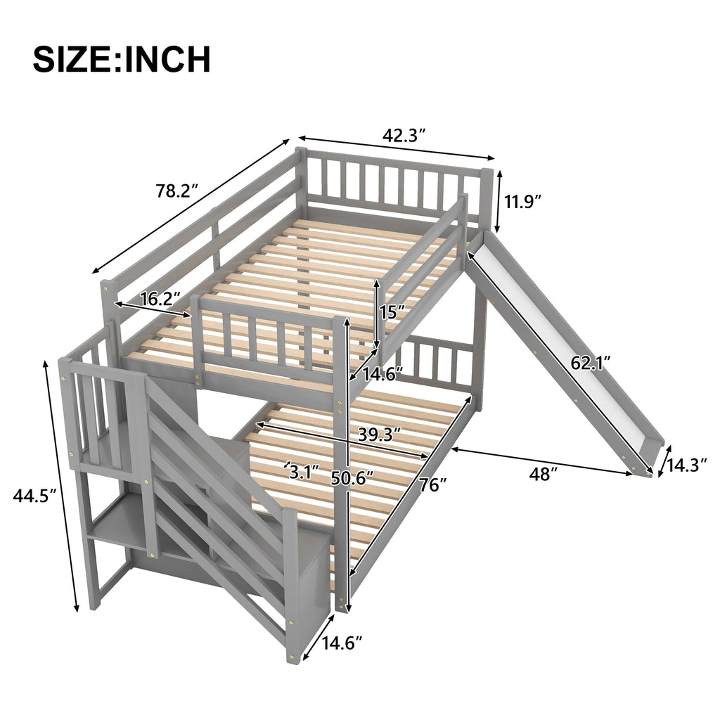 Solid Wood Twin Over Twin Bunk Bed with Slide and Stairway B33015