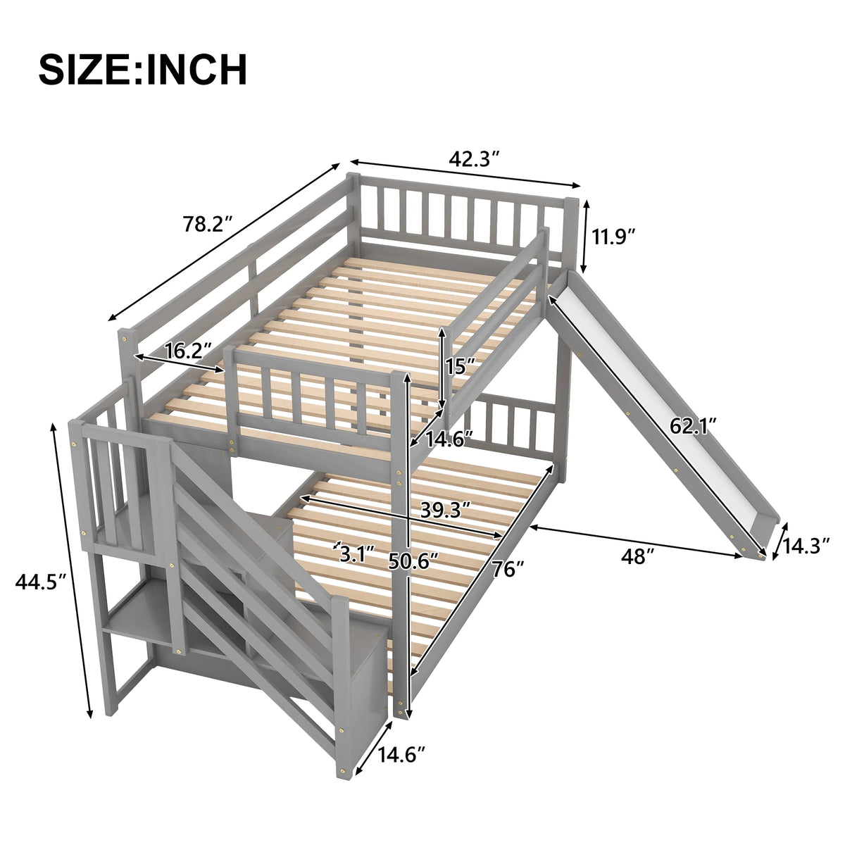 Solid Wood Twin Over Twin Bunk Bed with Slide and Stairway B33015