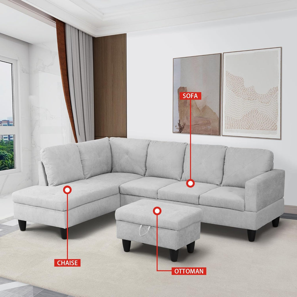 97" L-Shaped Corner Sofa with Left Chaise & Movable Storage Ottoman, 6 Seat Flannelette Fabric Sectional Couch, Wood Legs & Frame P14548