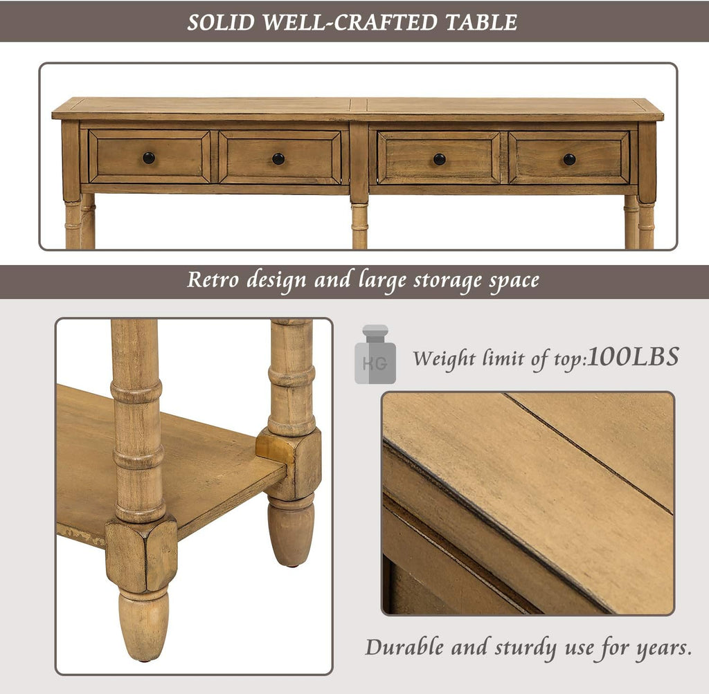 Old Pine Solid Wood Console Sofa with Two Storage Drawers and Bottom Shelf Q662995
