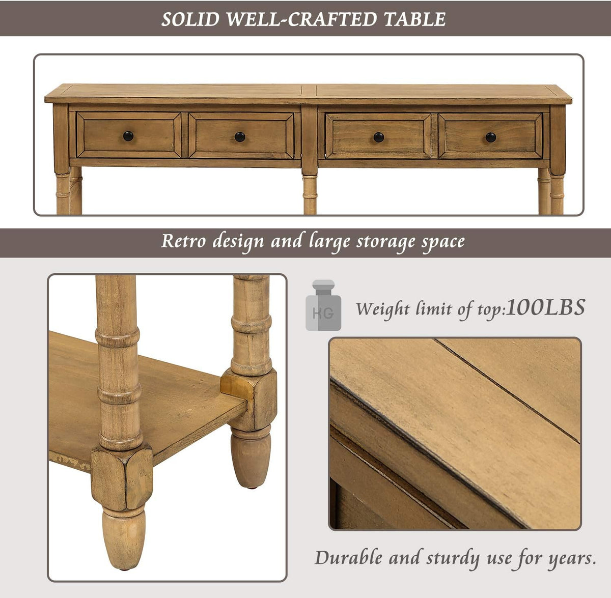 Old Pine Solid Wood Console Sofa with Two Storage Drawers and Bottom Shelf Q662995