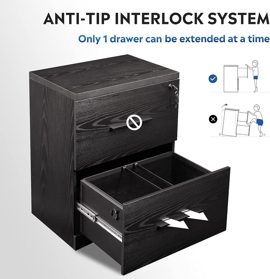 Black 2-Drawer Wood Lateral File Cabinet with Lock K3624