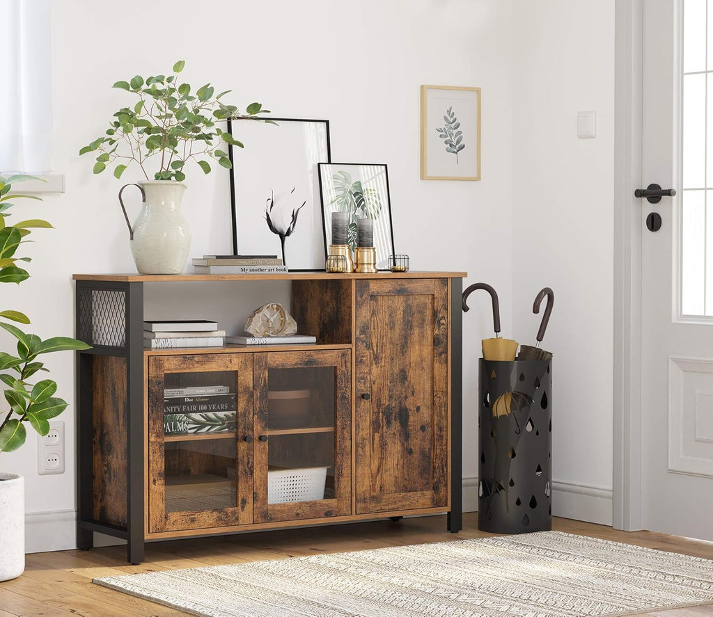 Rustic Brown and Black Floor Storage Cabinet with Transparent Doors V2818