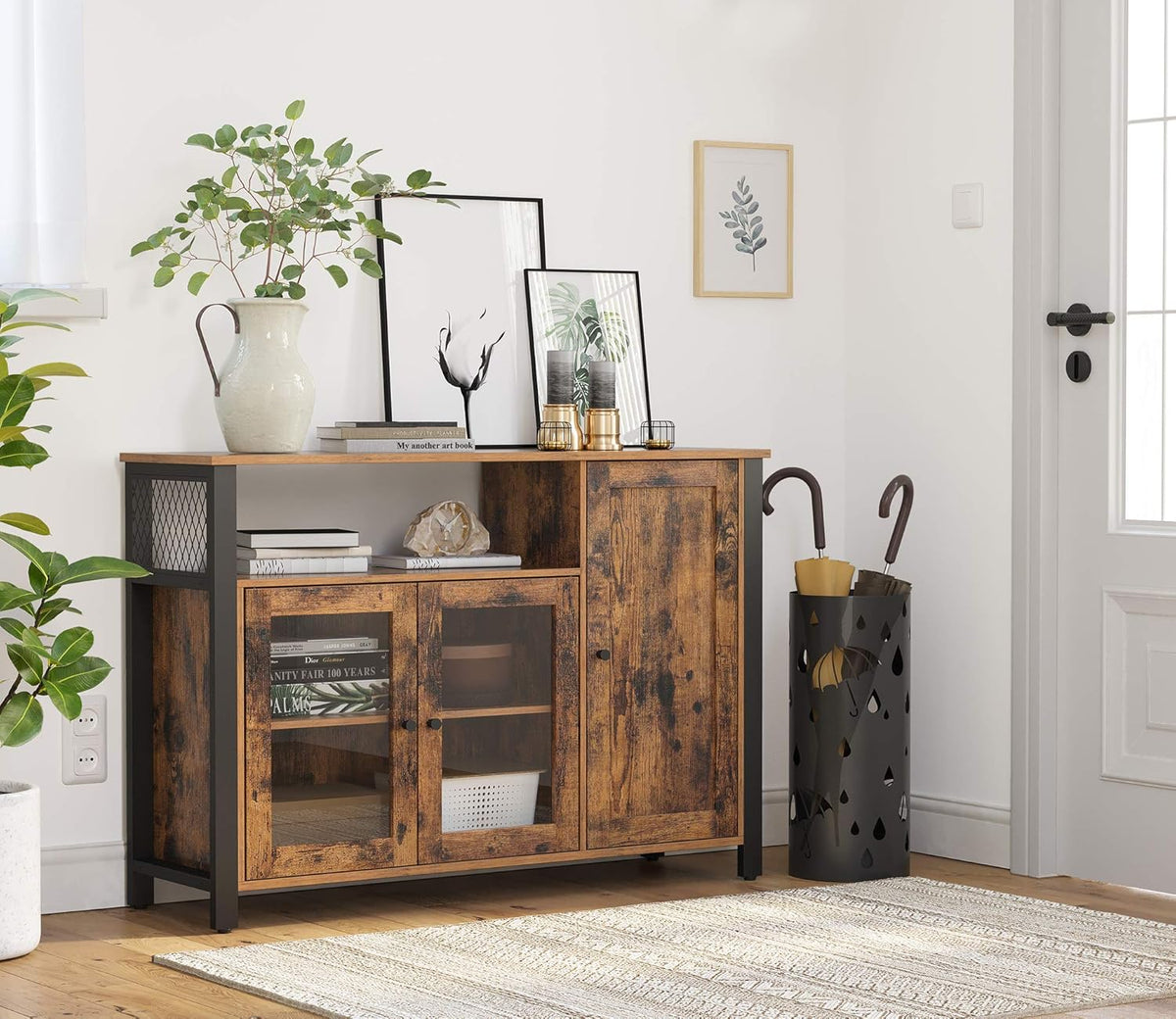 Rustic Brown and Black Floor Storage Cabinet with Transparent Doors V2818