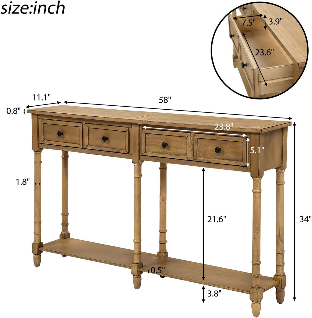 Old Pine Solid Wood Console Sofa with Two Storage Drawers and Bottom Shelf Q662995