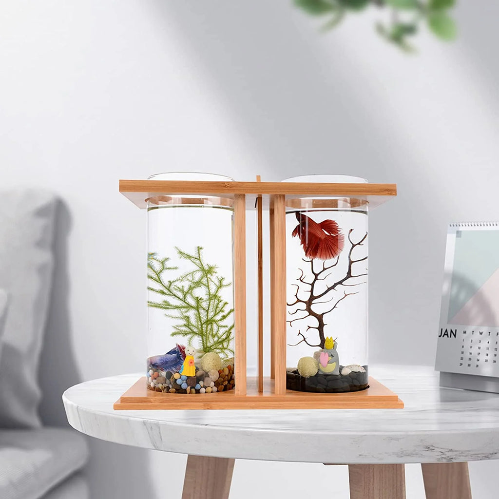 Bamboo Fish Bowl Glass Aquarium Mini Fish Tank K4776
