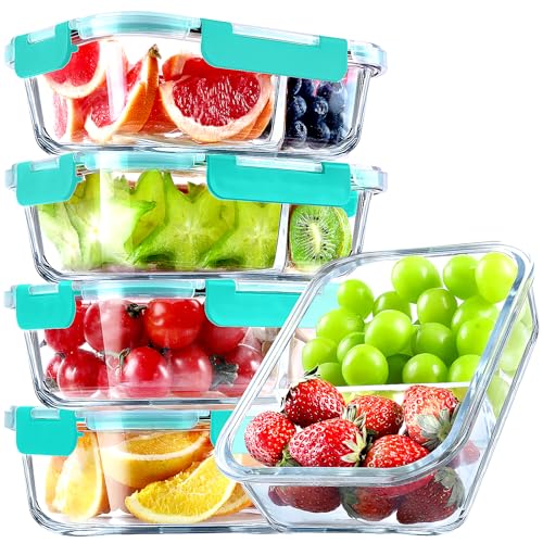 5 Pack Glass Meal Prep Containers 2 Compartment Set, 36OZ Airtight Glass Food Storage Containers with Lids, Grey Q865
