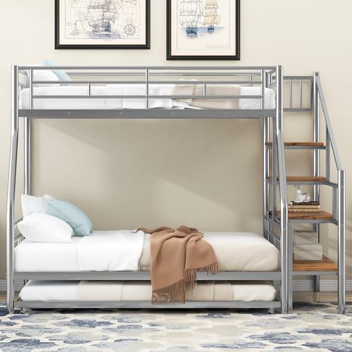 Silver Metal Twin Over Full Bunk Bed with Trundle and Stairs H50519