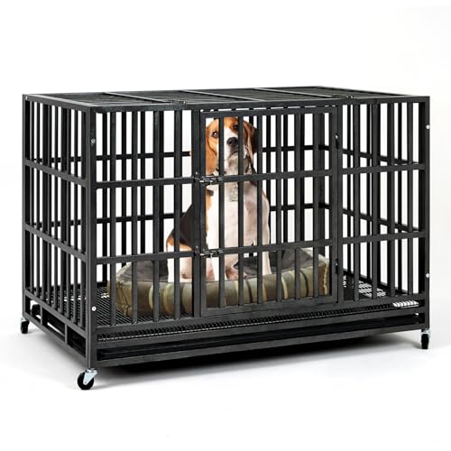 48 Inch Heavy Duty Steel Dog Crate with Wheels and Removable Tray I7837