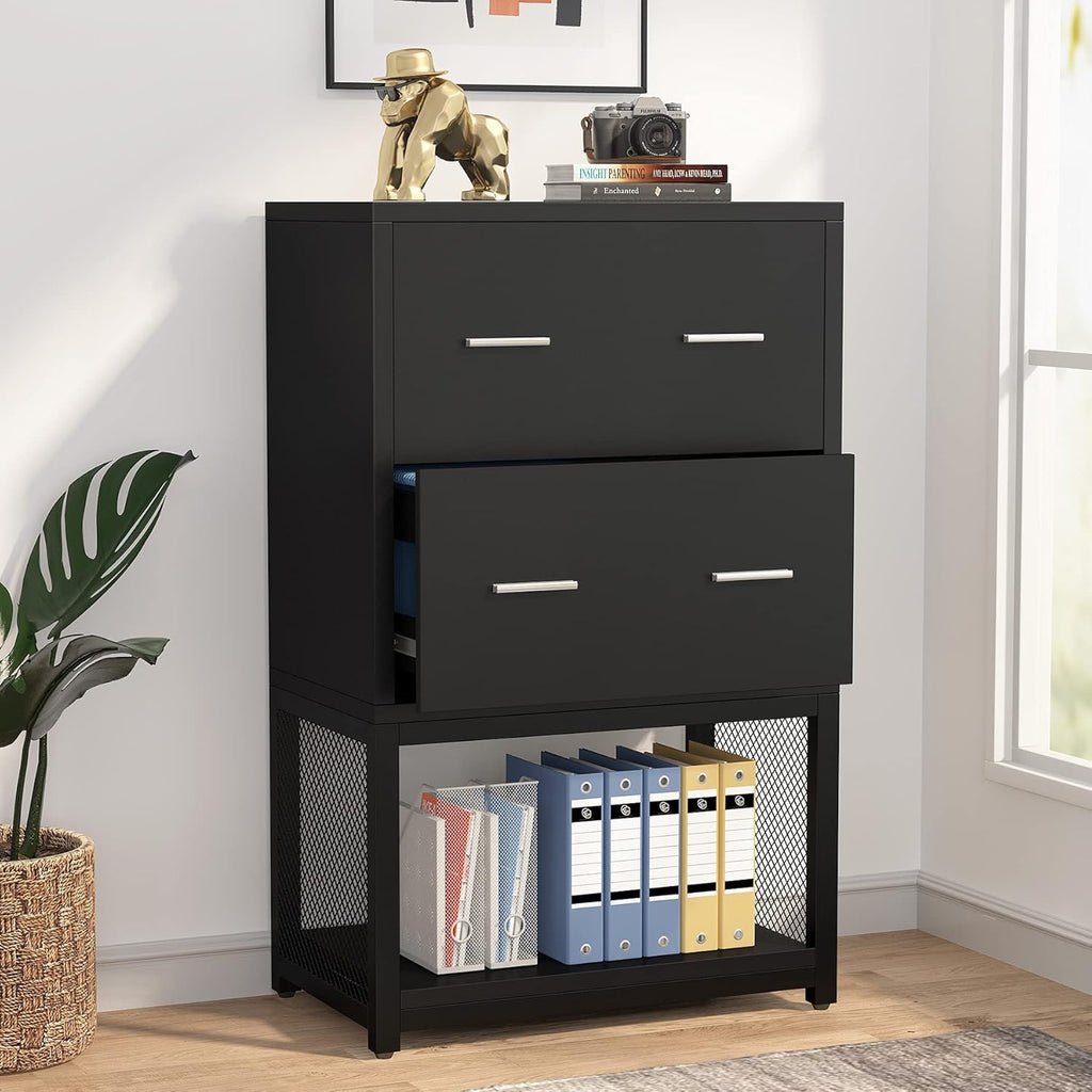 2 Drawer Lateral File Cabinet with Metal Wire Storage Shelves (Black) K887