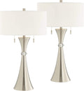 Silver Metal White Fabric Drum Table Lamps Set of 2 G7413