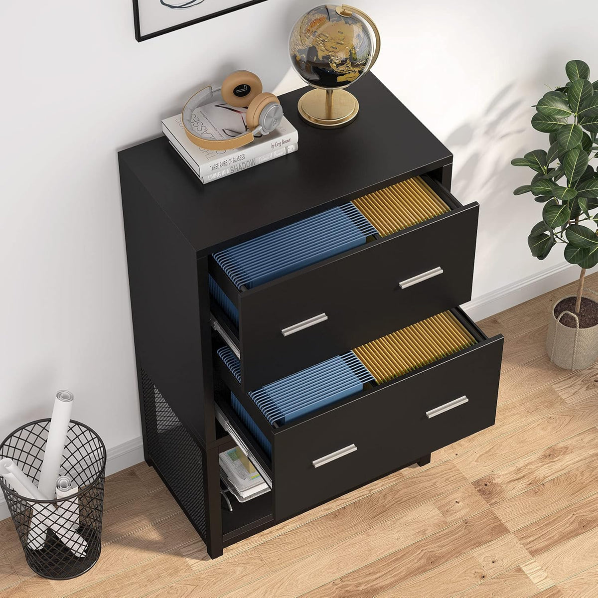 2 Drawer Lateral File Cabinet with Metal Wire Storage Shelves (Black) K887