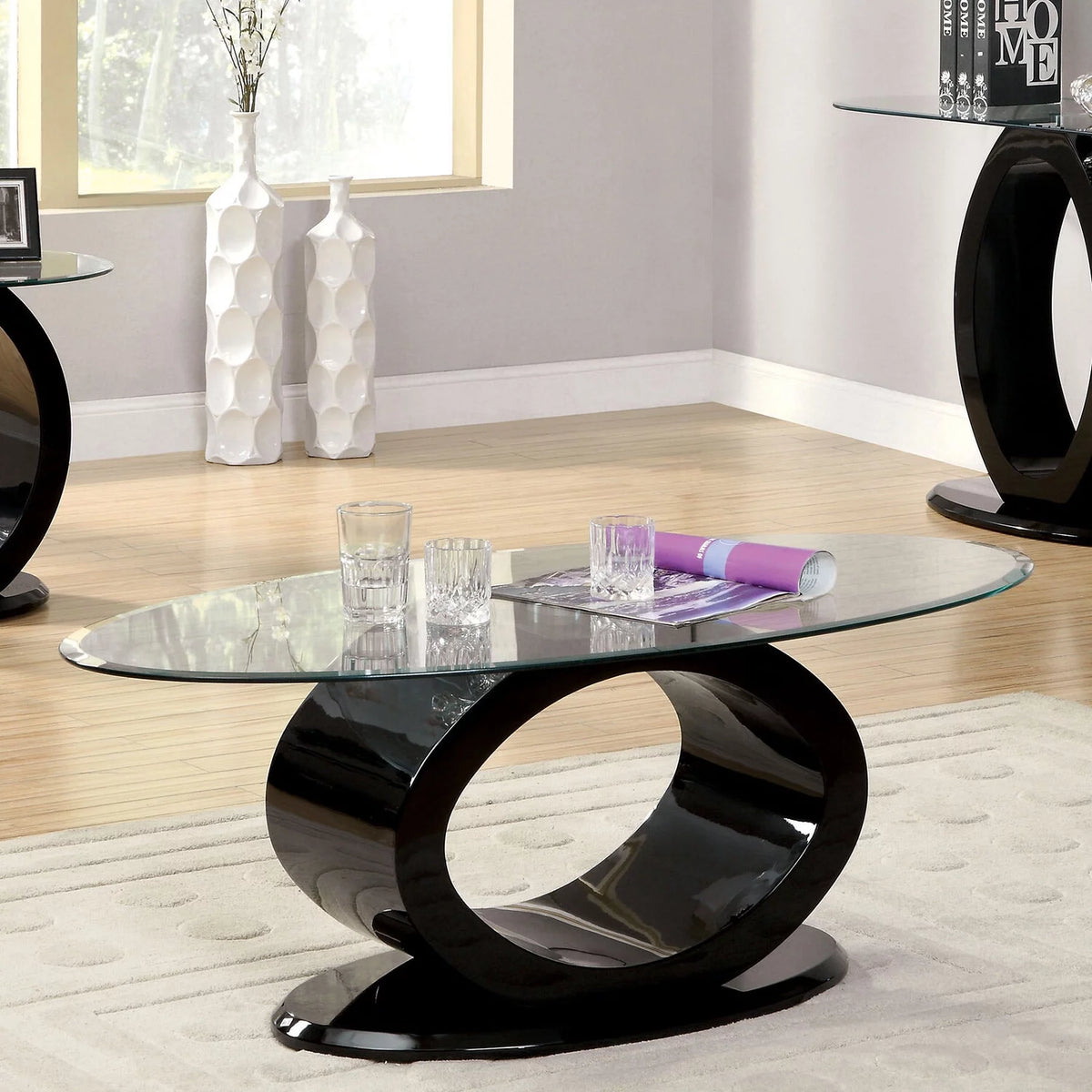 Contemporary Tempered Glass Top Coffee Table with O Shape Base, Black K759488