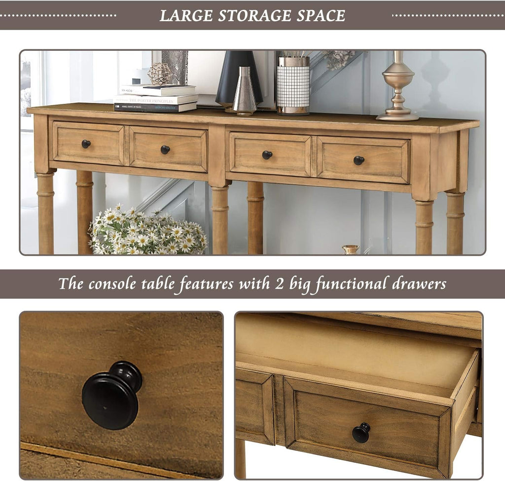 Old Pine Solid Wood Console Sofa with Two Storage Drawers and Bottom Shelf Q662995