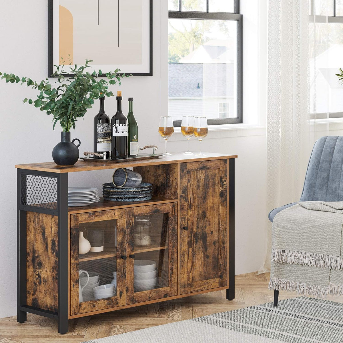 Rustic Brown and Black Floor Storage Cabinet with Transparent Doors V2818